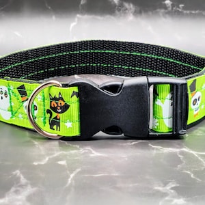 Spooky Green Ghost, Black Cat, Bat and Skull Halloween Dog Collar, 1 inch Wide, Small, Cartoon pattern, Cute for Fall season.