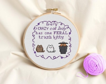 Trash Kitty Cross-Stitch Pattern: Easy Beginner Cat Design (PDF Download)