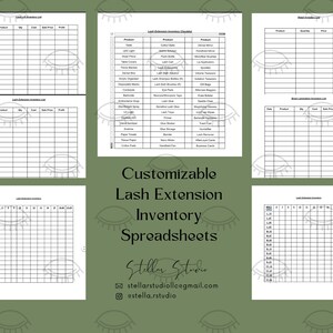 May include: Four black and white printable spreadsheet templates for lash extension inventory. The templates are labeled "Lash Inventory List" and include columns for date, product, quantity, cost, sale price, and profit. The image also includes a checklist of lash extension inventory items.