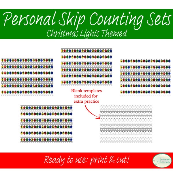 Personal Skip Counting Sets PDF (Christmas Holiday Lights Themed) - Interactive Notebook Resource, Desk Skip Counting Aids Number Line
