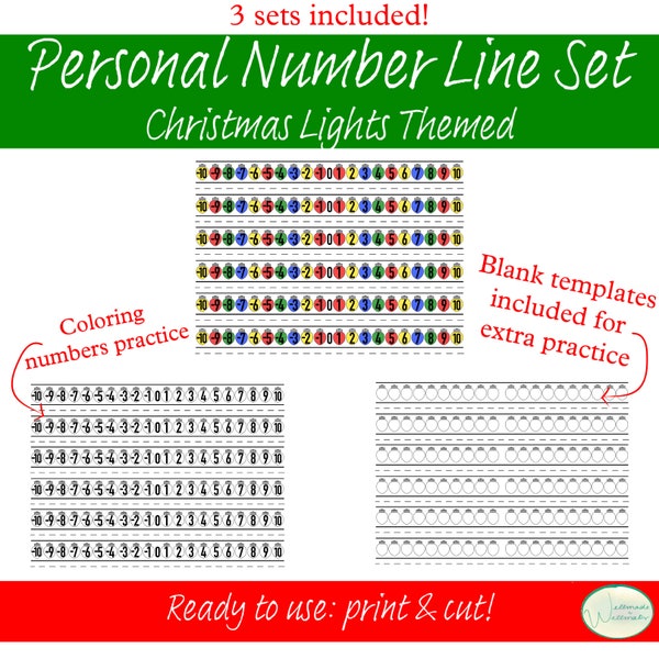 Personal Number Line Sets PDF (Christmas Holiday Lights Themed) - Interactive Notebook Resource, Desk Number Line Counting Aids Download