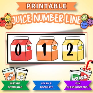 May include: A printable juice number line featuring three juice cartons labeled 0, 1, and 2 with corresponding fruit icons. The text reads PRINTABLE JUICE NUMBER LINE, INSTANT DOWNLOAD, LEARN & DECORATE, and FUN CLASSROOM TOOL with cartoon fruit.