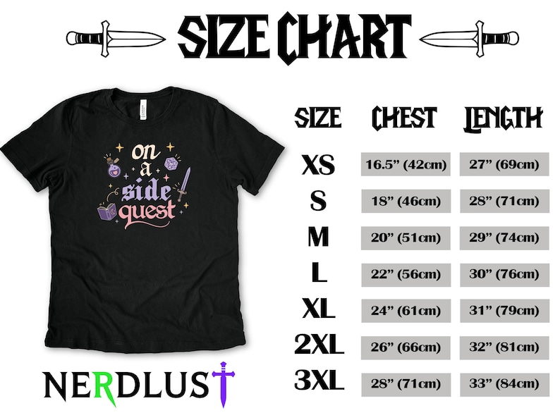 May include: Black t-shirt with the text "on a side quest" and a size chart. The shirt features a graphic with a potion bottle, dice, and a sword. The size chart lists chest and length measurements in inches and centimeters.