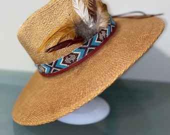 Vintage Scala Straw Hat Upcycled‎ Painted beads, feathers Vintage Scala Straw Hat Upcycled Painted Beadsbird, Feathers  main image 4