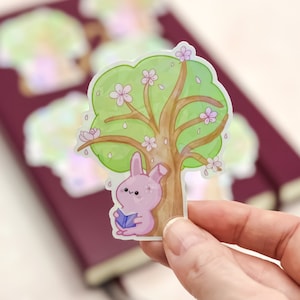 Glitzersticker süßes Kawaii Häschen mit Buch // Perfekt zum Dekorieren von Bullet Journal, Trinkflaschen, Laptops oder Handyhüllen // Sakura