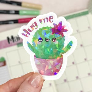 Kawaii Glitzer Sticker – "Hug me" – Süßer Kaktus Vinyl Aufkleber // Perfekt für Bullet Journal, Trinkflaschen, Laptops oder Handyhüllen