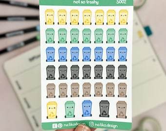 Kawaii trash can stickers in typical trash colors // Cute trash can stickers, perfect for bullet journals, planners, or calendars