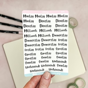 Sticker weekdagen in het Duits voor bullet journal, planner of kalender vijf weken inclusief weekends op een stickervel