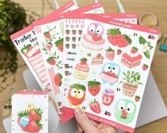 Kawaii Strawberry Kisses Sticker Set für Bullet Journal & Planer // 4 oder 5 Sticker Sheets als fruchtiges Journaling Monatsset