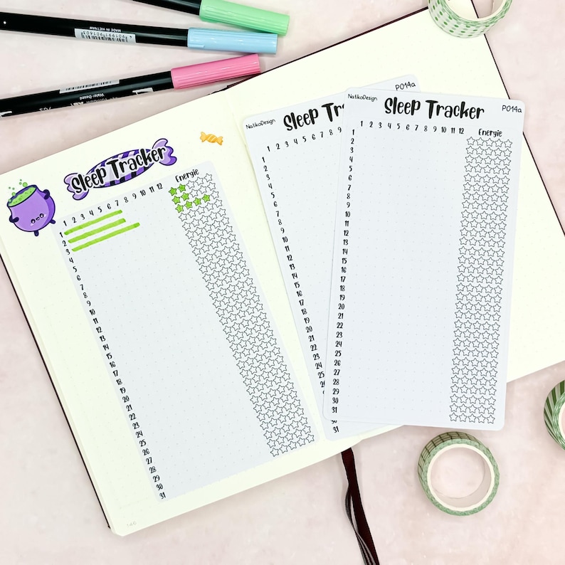 May include: Two printable sleep tracker sheets with a black and white star design. The sheets are labeled "Sleep Tracker" and have numbers 1 through 31. The sheet on the left has a green cauldron with a witch's hat and the text "Sleep Tracker" above it. The sheet on the right has the text "P014a" in the top right corner. Both sheets have a column labeled "Energy" with a star design.