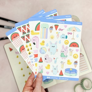 Pool party stickerset voor bullet journal, planner of kalender//4 stickervellen verkrijgbaar als maandelijkse set of individueel//Sweet Kawaii stijl