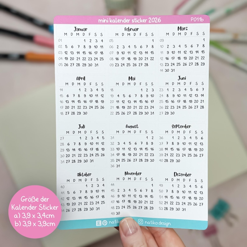 Mini Calendar Stickers for 2026 in German or English for Bullet ...