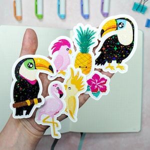 Stickerset mit glitzernden tropischen Tieren aus Vinyl // Perfekt zum Dekorieren von Bullet Journal, Trinkflaschen, Laptops oder Handyhüllen