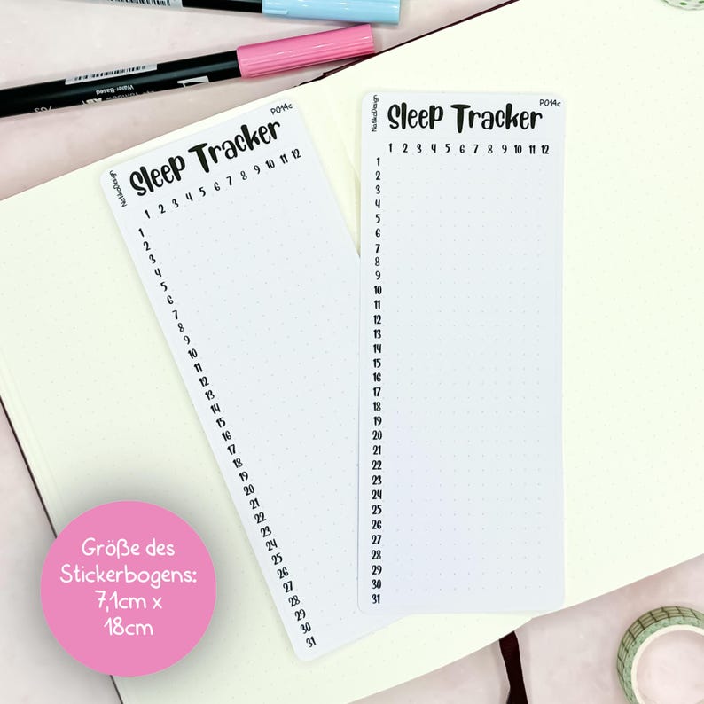 May include: Two white printable sleep tracker stickers with black text and numbers. The stickers are 7.1 inches by 18 inches.