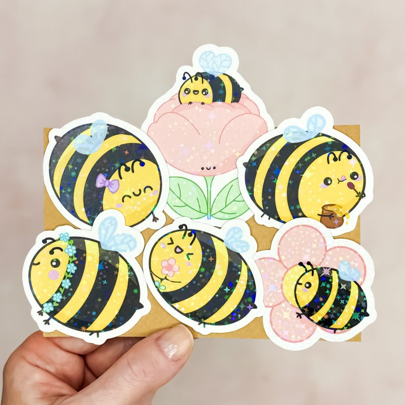 Stickerset mit glitzernden Kawaii Bienchen aus Vinyl // Perfekt zum Dekorieren von Bullet Journal, Trinkflaschen, Laptops oder Handyhüllen