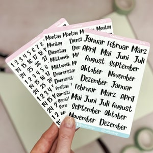 Set di adesivi Bullet Journal - Nomi mensili, giorni della settimana e numeri in tedesco // 3 fogli di adesivi: perfetti per il tuo BuJo, agenda o calendario