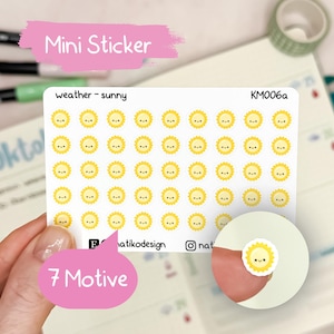 Mini Wetter Sticker Sonne im Kawaii Stil // 7 Wettersymbole // Perfekt für Bullet Journal, Planer oder Kalender // Süße Icon Sticker