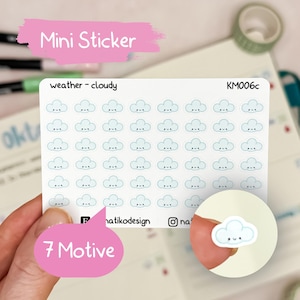 Mini Wetter Sticker Wolke im Kawaii Stil // 7 Wettersymbole // Perfekt für Bullet Journal, Planer oder Kalender // Süße Icon Sticker