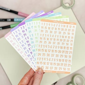 Pastell Wochentage Zahlen Sticker für Bullet Journal, Planner oder Kalender // Kalenderzahlen vier mal 1-31 auf einem Sticker Sheet