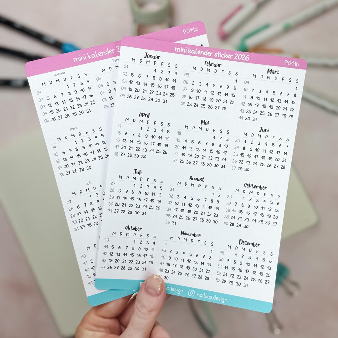 Mini Calendar Stickers for 2026 in German or English for Bullet ...