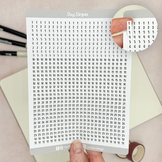 Datumsstreifen Sticker 1-31 für Bullet Journal & Planer // Perfekt für Year in Pixels, Reflektion, One Line a Day / 2 verschiedene Schriften