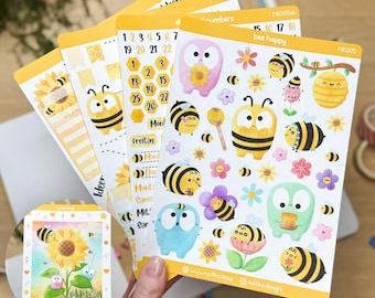 Kawaii Bee Happy Sticker Set for Bullet Journal, Planner or Calendar // 4 or 5 Sticker Sheets as a Monthly Journaling Set // Bees Summer