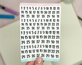 Weekday Number Stickers for Bullet Journal, Planner or Calendar // Four weeks with the numbers 1-31 on one sticker sheet