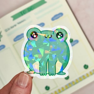 Vinyl Glitzersticker mit süßem Kawaii Frosch // Perfekt zum Dekorieren von Bullet Journal, Trinkflaschen, Laptops oder Handyhüllen