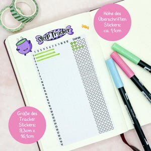 May include: A printable sleep tracker sticker with a cauldron and stars. The sticker is 9.3 inches by 16.1 inches. The text on the sticker says "Sleep Tracker".