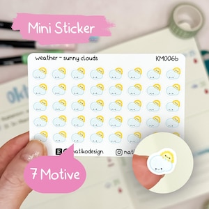 Mini Wetter Sticker Wolkig im Kawaii Stil // 7 Wettersymbole // Perfekt für Bullet Journal, Planer oder Kalender // Süße Icon Sticker