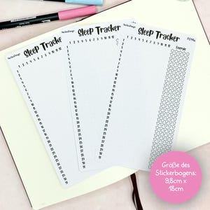 May include: Three printable sheets for a sleep tracker, with a fourth sheet for tracking energy levels. The sheets are white with black text and a dotted grid pattern. The sleep tracker sheets have numbers 1 through 31, and the energy level sheet has a column of stars.
