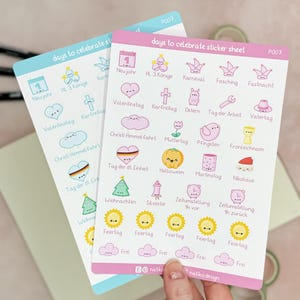 Deutsche Feiertage Sticker mit süßen Kawaii Motiven // Sticker Sheet perfekt für Bullet Journal, Planer oder Kalender // Rosa oder Türkis