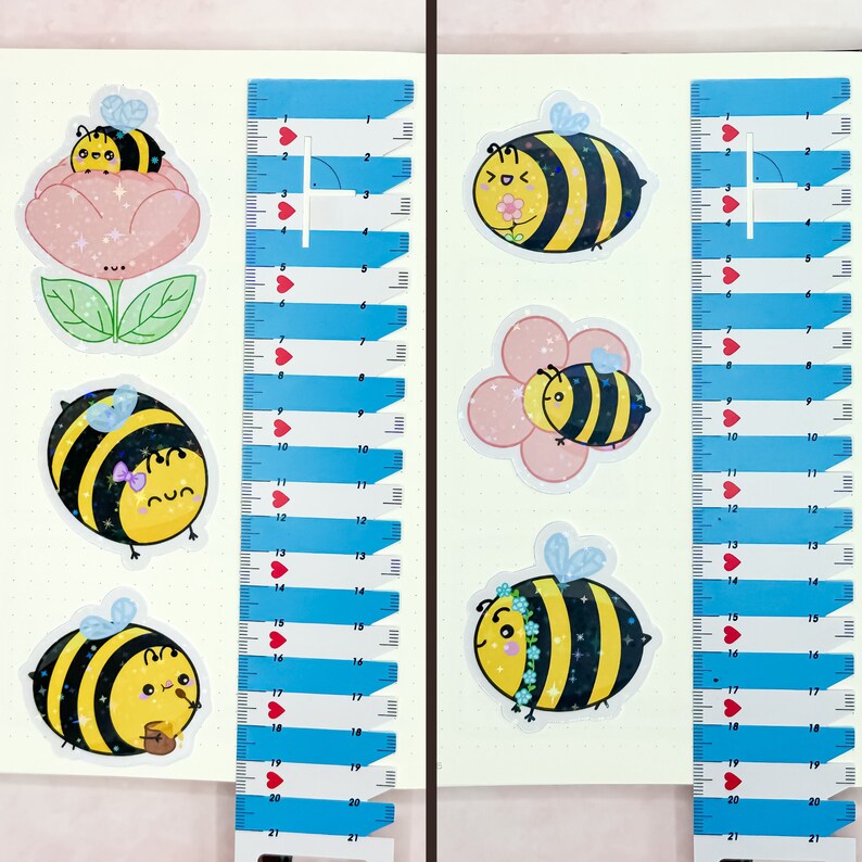 Stickerset mit glitzernden Kawaii Bienchen aus Vinyl // Perfekt zum Dekorieren von Bullet Journal, Trinkflaschen, Laptops oder Handyhüllen