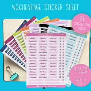 Stickerbogen Wochentage in Deutsch für Bullet Journal, Planner oder Kalender // Acht verschiedene Farben // Nimm 8 zahle nur 6