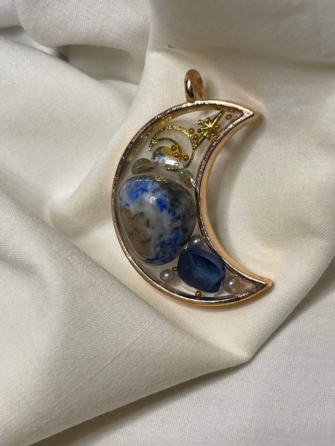 On the Moon Crescent Moon Shaped Necklace W/ Blue Agate Stone Etsy