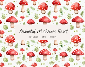 Mushroom Watercolor Pattern File Forest Print Seamless Design for Sublimation