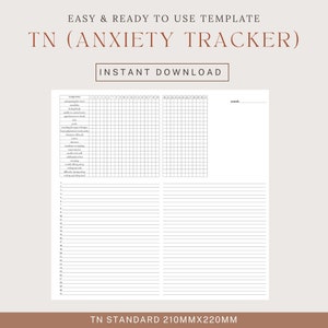 May include: A printable anxiety tracker template in black and white. The template includes a list of anxiety symptoms and a grid to track their frequency. The template is designed for use in a TN standard notebook, which is 210mm x 220mm.