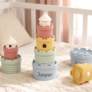 Juguete apilable de castillo personalizado con nombre, cubos apilables de silicona Montessori 3 en 1 para bebés, juguetes sensoriales educativos para bebés de 6 a 12 meses, regalo para bebés