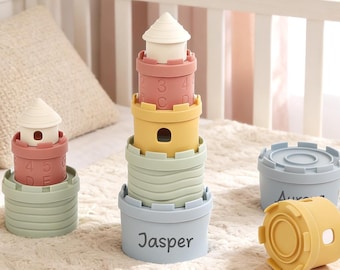 Custom Castle Stacking Toy with Name, 3-in-1 Montessori Silicone Stacking Cubes for Baby, Educational Sensory Toys for 6-12 Months,Baby Gift