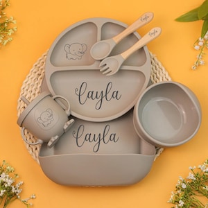 Personalized Silicone Baby Weaning Set: Engraved Bib, Suction Bowl