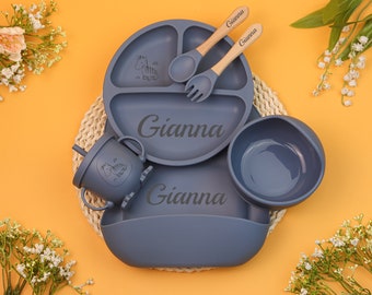 Set per lo svezzamento del bambino in silicone personalizzato, bavaglino in silicone inciso, set per lo svezzamento dei cartoni animati per neonati, set per l'alimentazione con nome