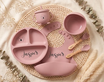 Personalized Silicone Baby Weaning Set, Engraved Silicone Bib, Cartoon Weaning Set for Toddler Baby Kids, Feeding Set with Name