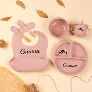 Personalized Silicone Baby Weaning Set, Engraved Silicone Bib, Cartoon Weaning Set for Toddler Baby Kids, Feeding Set with Name