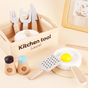 Personalized Wooden Play Kitchen Tool Set: Montessori Pretend Toy