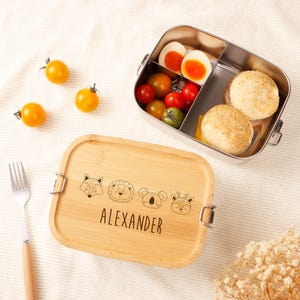 Benutzerdefinierte Edelstahl Lunchbox mit Holzdeckel, Lebensmittelbehälter, Lunchbox für Kinder, Lunchbox mit Namen Tier, Schulanfang, Geburtstagsgeschenk