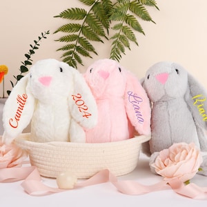 パーソナライズされたウサギ、モノグラムウサギ、新生児ギフト、ベビーシャワーギフト、ぬいぐるみ、ぬいぐるみウサギのおもちゃ、子供へのギフト、モノグラムウサギ