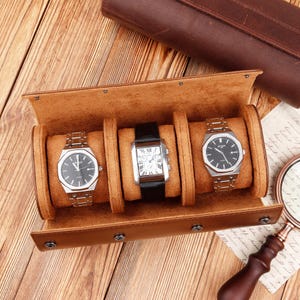 Boîte à montres en cuir personnalisée, boîte à montres pour hommes, boîte à montres brune, étui à montres en cuir de luxe pour 3 montres, boîte à montres de voyage, cadeau mari