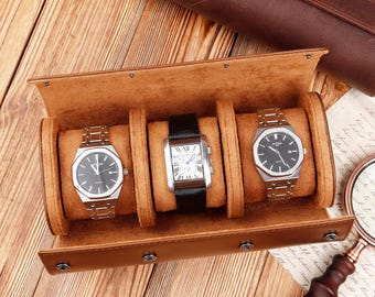 Personalized Leather 3-Watch Travel Case: Engraved Watch Box for Men