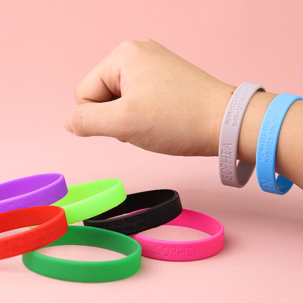 Bracelet d'identification étanche pour enfant | Bracelet en silicone pour contact d'urgence，Bracelet étanche personnalisé | Étiquettes d'identification médicale d'urgence|Bracelets personnalisés