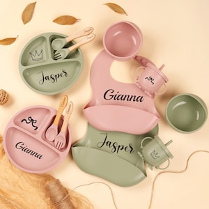 Personalized Silicone Baby Weaning Set, Engraved Silicone Bib, Cartoon Weaning Set for Toddler Baby Kids, Feeding Set with Name
